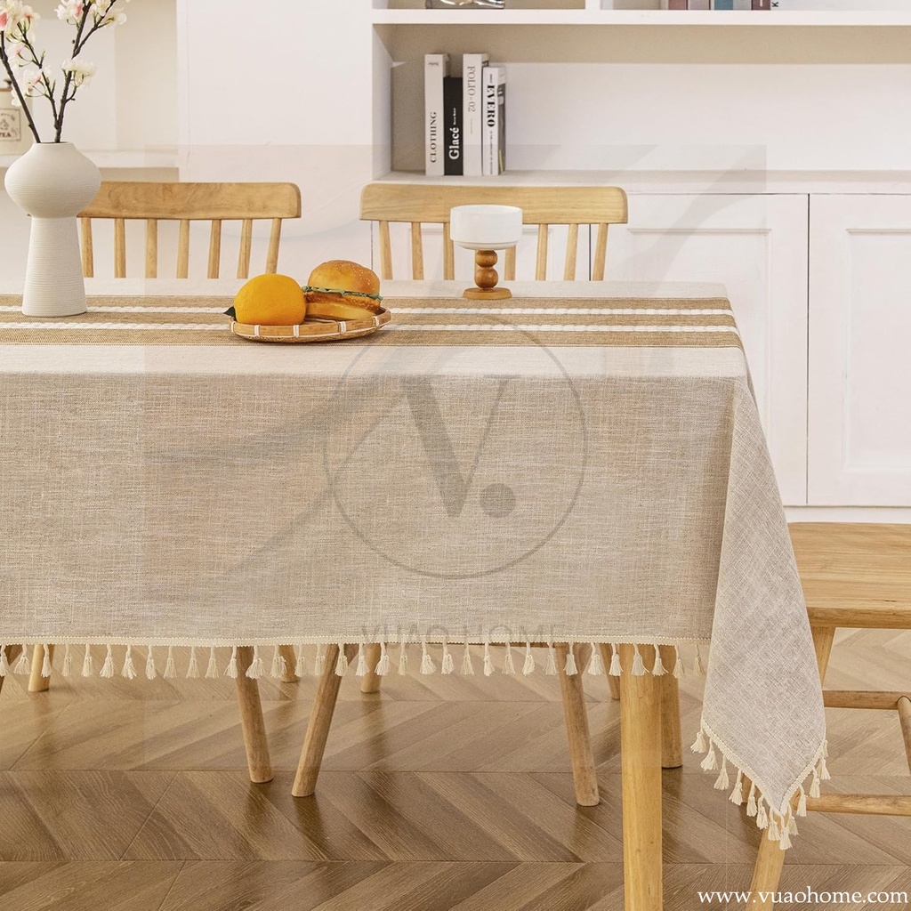 Vuao Manteles de lino para mesas, con textura, impermeable, a rayas, con borlas