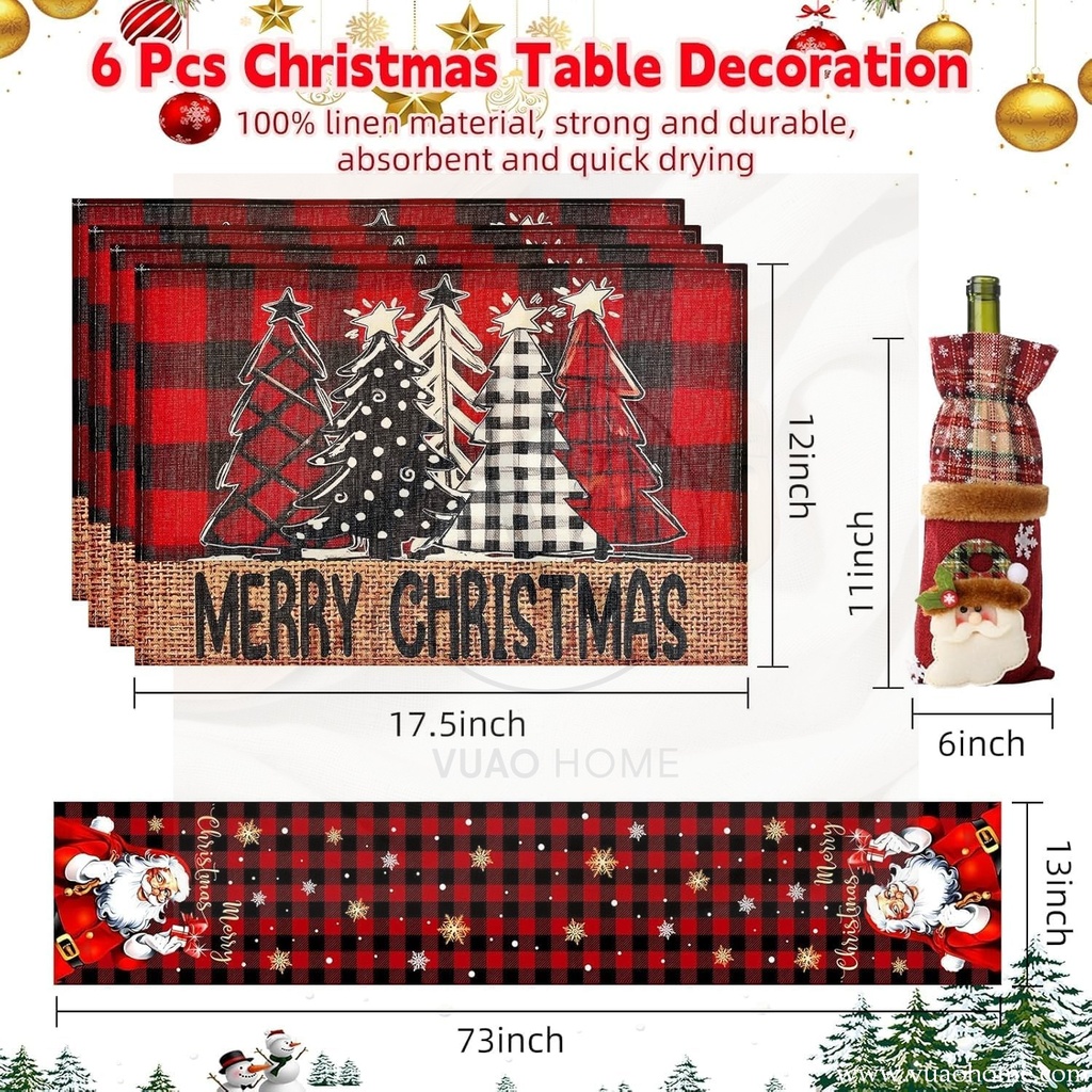 Vuao Camino de mesa 185 cm y individuales de Navidad, funda para botella de vino 6 piezas, material de lino, cuadros negros