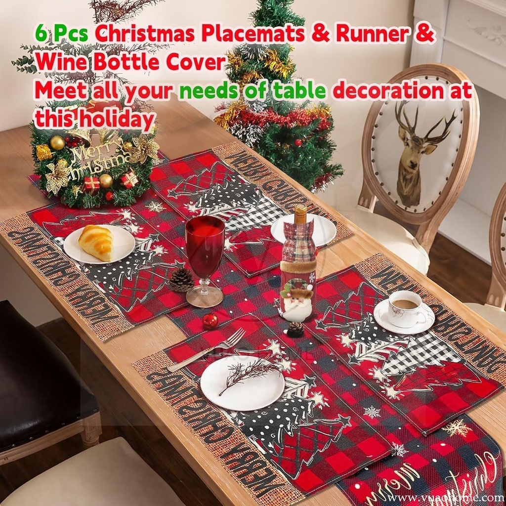 Vuao Camino de mesa 185 cm y individuales de Navidad, funda para botella de vino 6 piezas, material de lino, cuadros negros