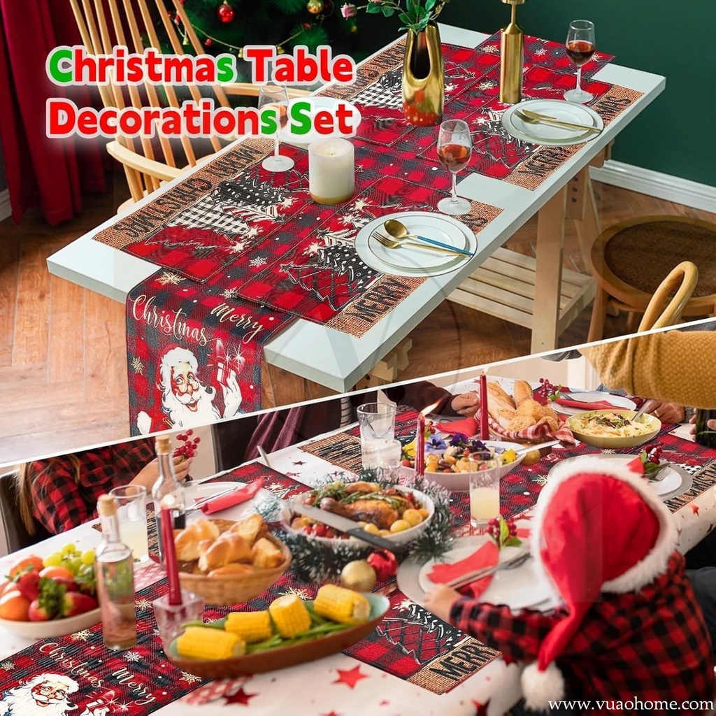 Vuao Camino de mesa 185 cm y individuales de Navidad, funda para botella de vino 6 piezas, material de lino, cuadros negros