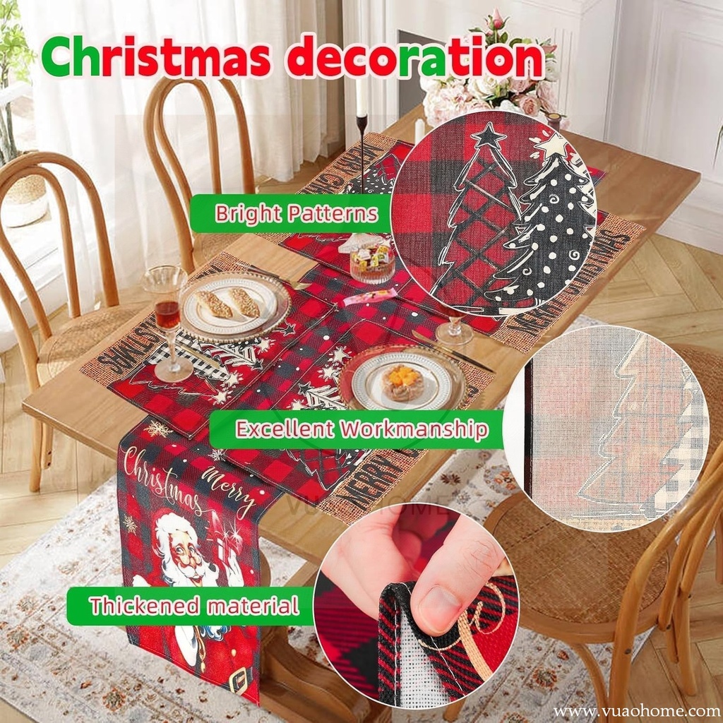 Vuao Camino de mesa 185 cm y individuales de Navidad, funda para botella de vino 6 piezas, material de lino, cuadros negros