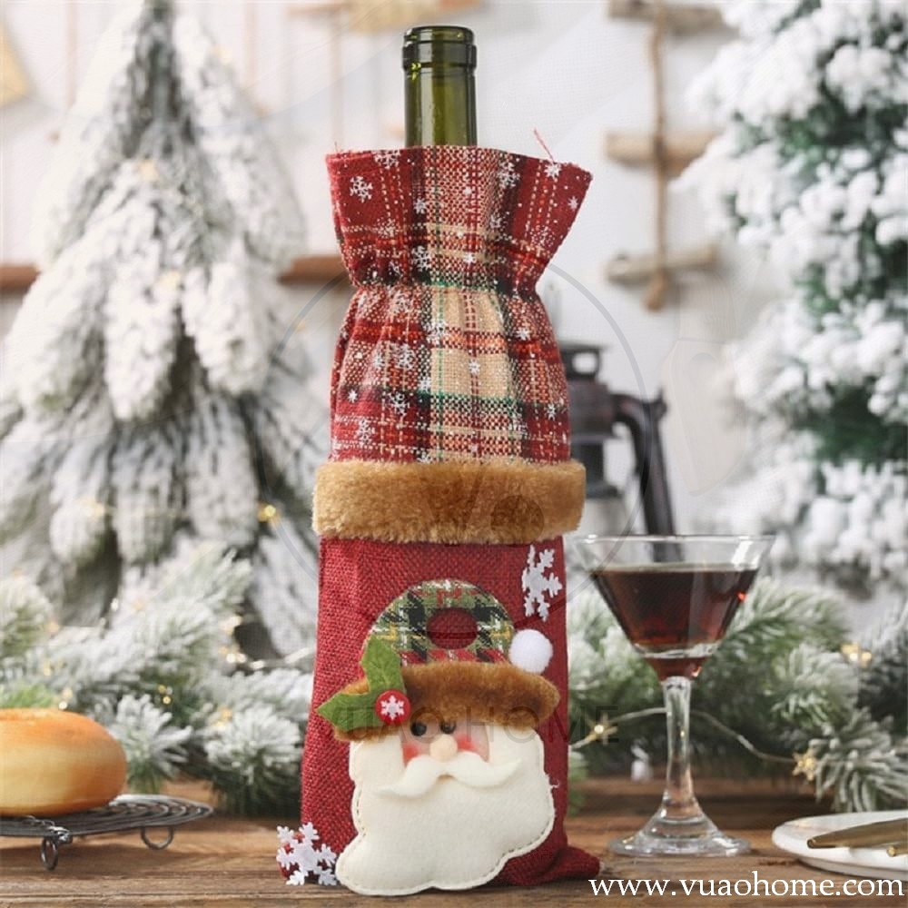 Vuao Camino de mesa 185 cm y individuales de Navidad, funda para botella de vino 6 piezas, material de lino, cuadros negros