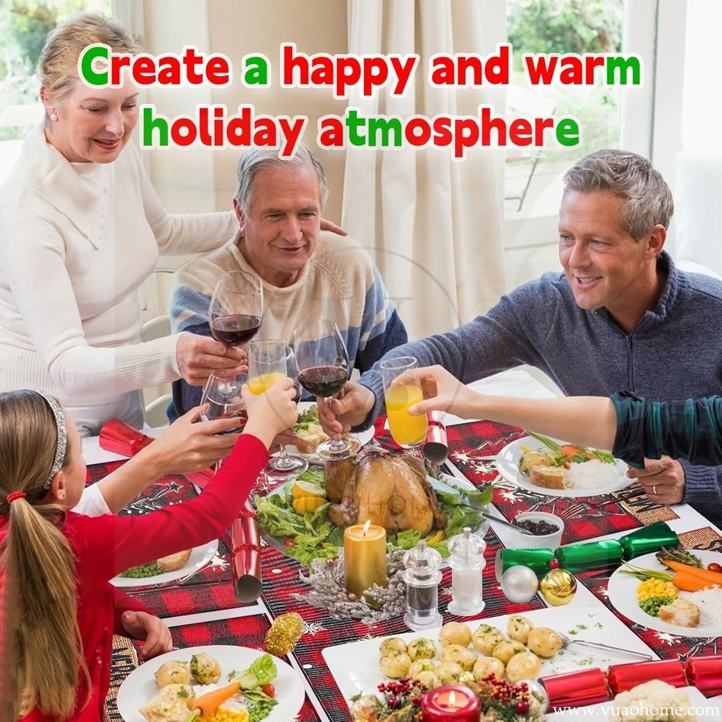 Vuao Camino de mesa 185 cm y individuales de Navidad, funda para botella de vino 6 piezas, material de lino, cuadros negros