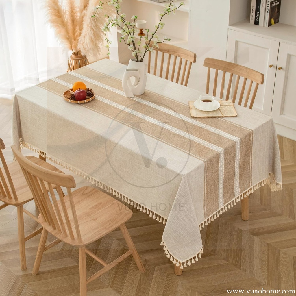 Vuao Manteles de lino para mesas, con textura, impermeable, a rayas, con borlas