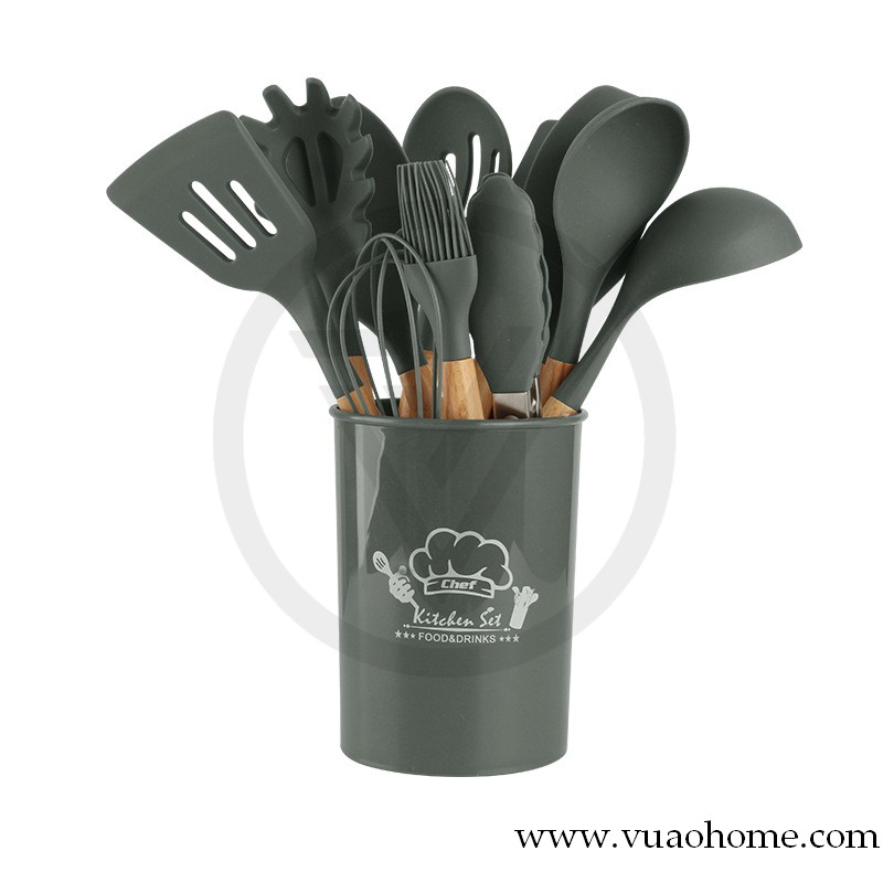 Juego de 12 utensilios de cocina de silicona, Juego de cucharas de cocina con mango de madera, herramientas para hornear