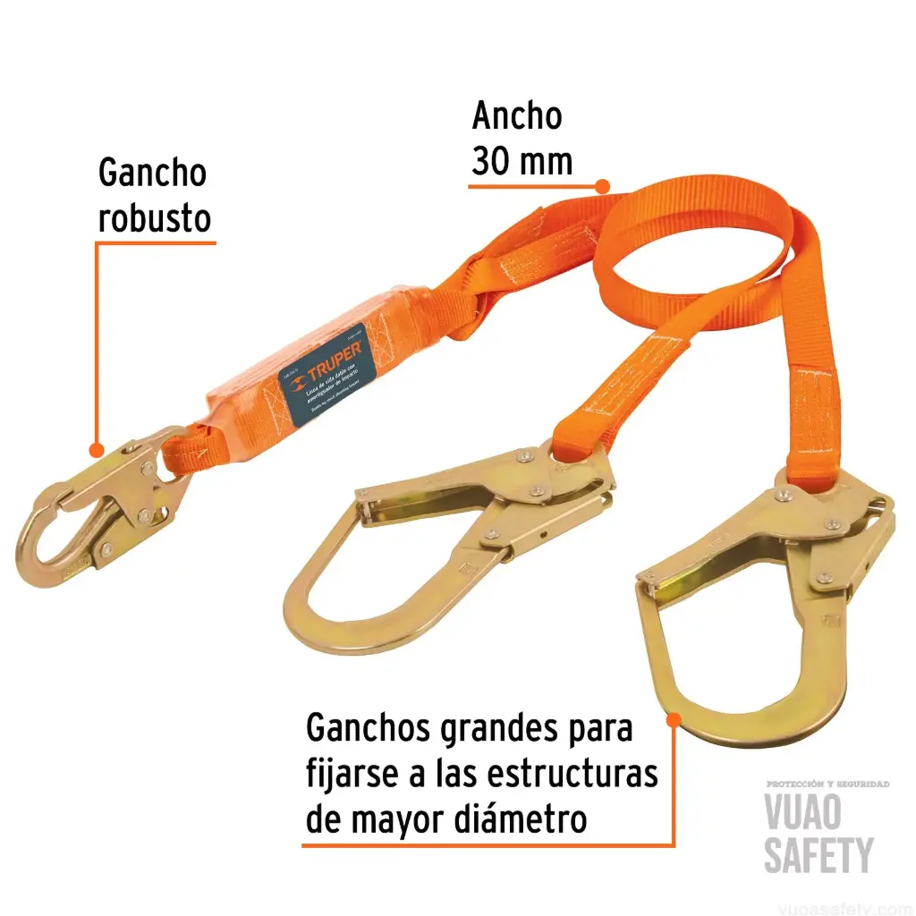 Línea de vida absorbedor impacto doble brazo gancho grande, ANSI, Truper